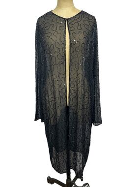 JMD Sheer Beaded Longline Duster XXL Women's Evening Glam Jacket Embellished